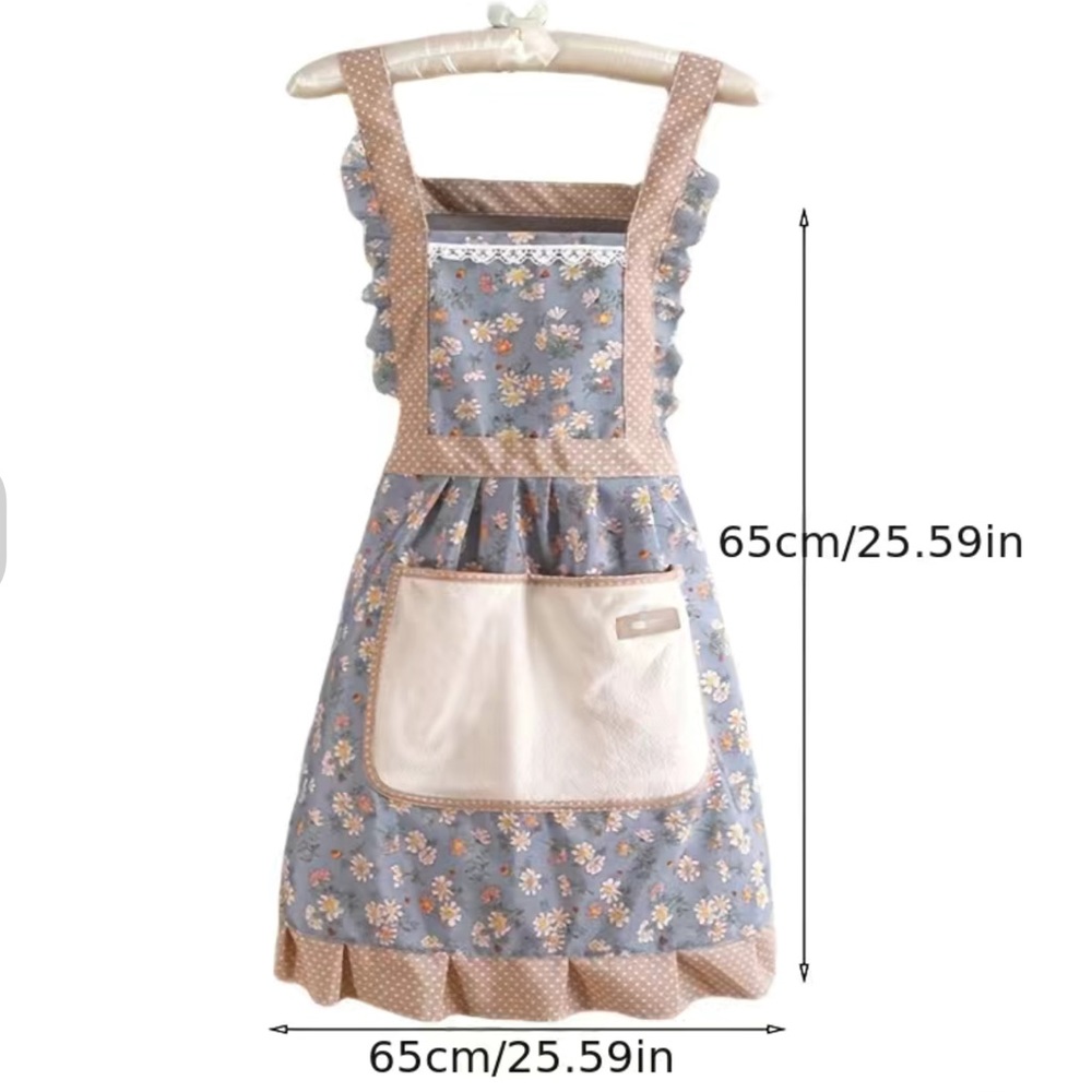 Apron Bib Sweet Vintage Retro Vibe Pockets Waist Tie Floral Polka Dot Blue OS - Picture 2 of 10